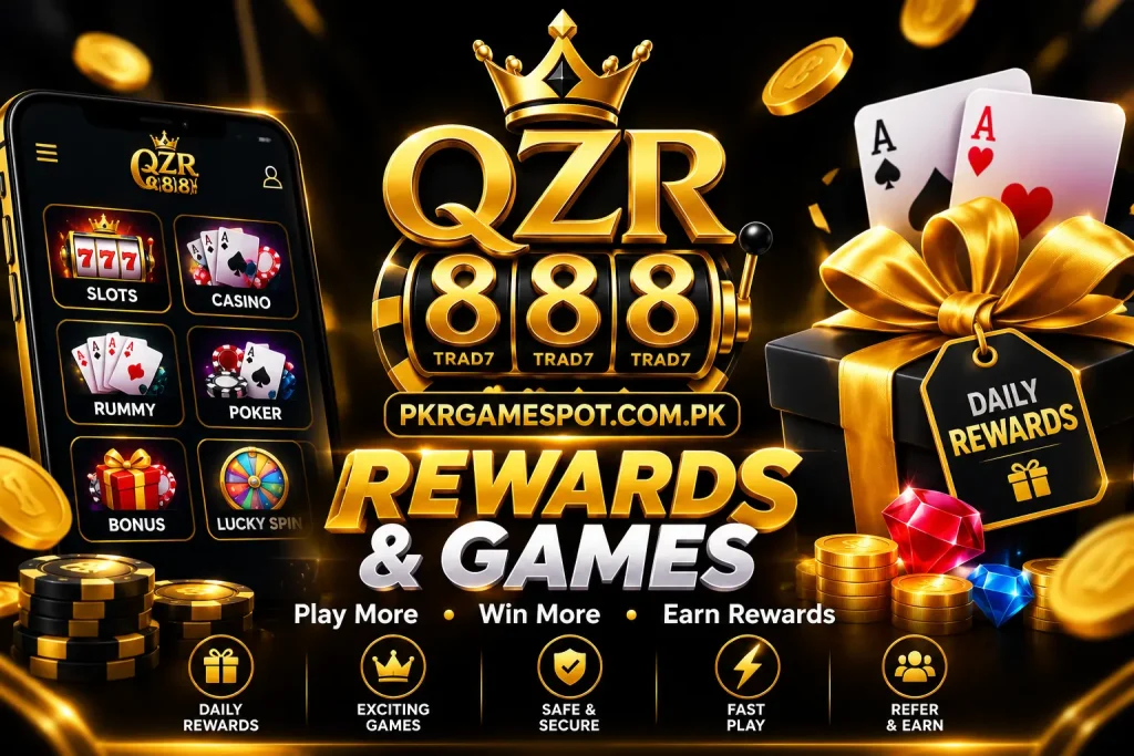 QZR888 Rewards and Games promotional banner featuring a gold QZR888 logo, casino games, daily rewards gift, coins, cards, and PKRGAMESPOT.COM.PK branding.
